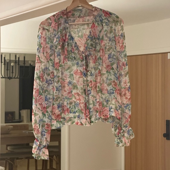 Doen Tops - Doen Sheer Floral Blouse - Pink, Blue & Green